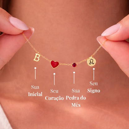 Colar de Inicial, Coração, Pedra Natal e Signo