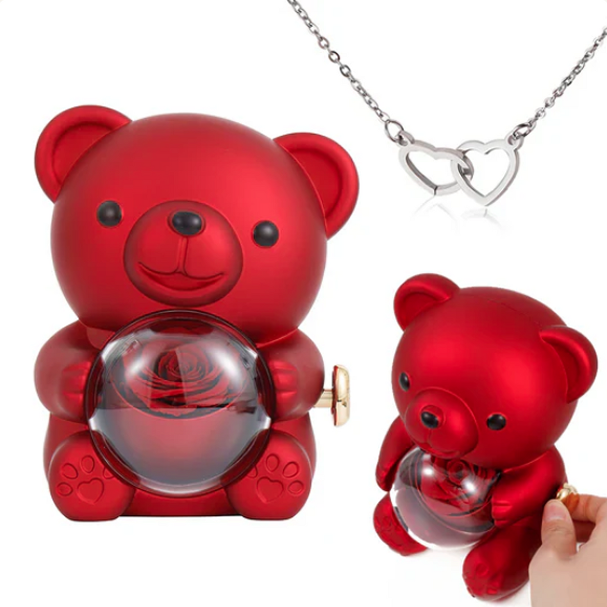Collar de Corazón Grabado en Oso con Rosa Eterna