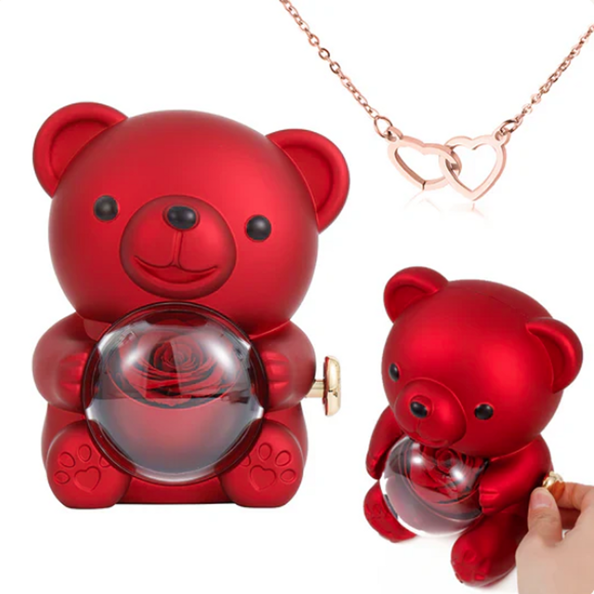 Engraved Heart Necklace in Real Rose Bear Giftbox