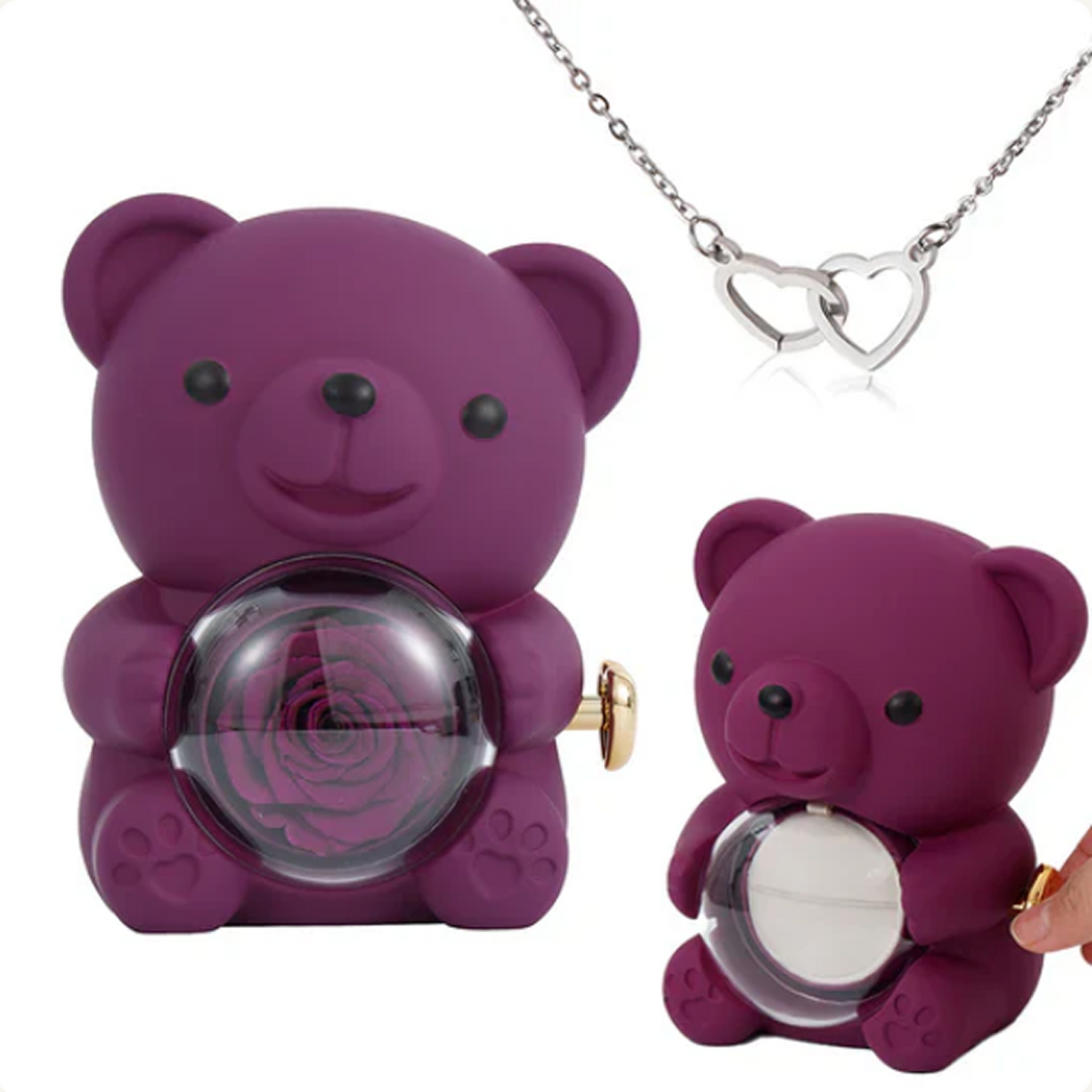 Engraved Heart Necklace in Real Rose Bear Giftbox