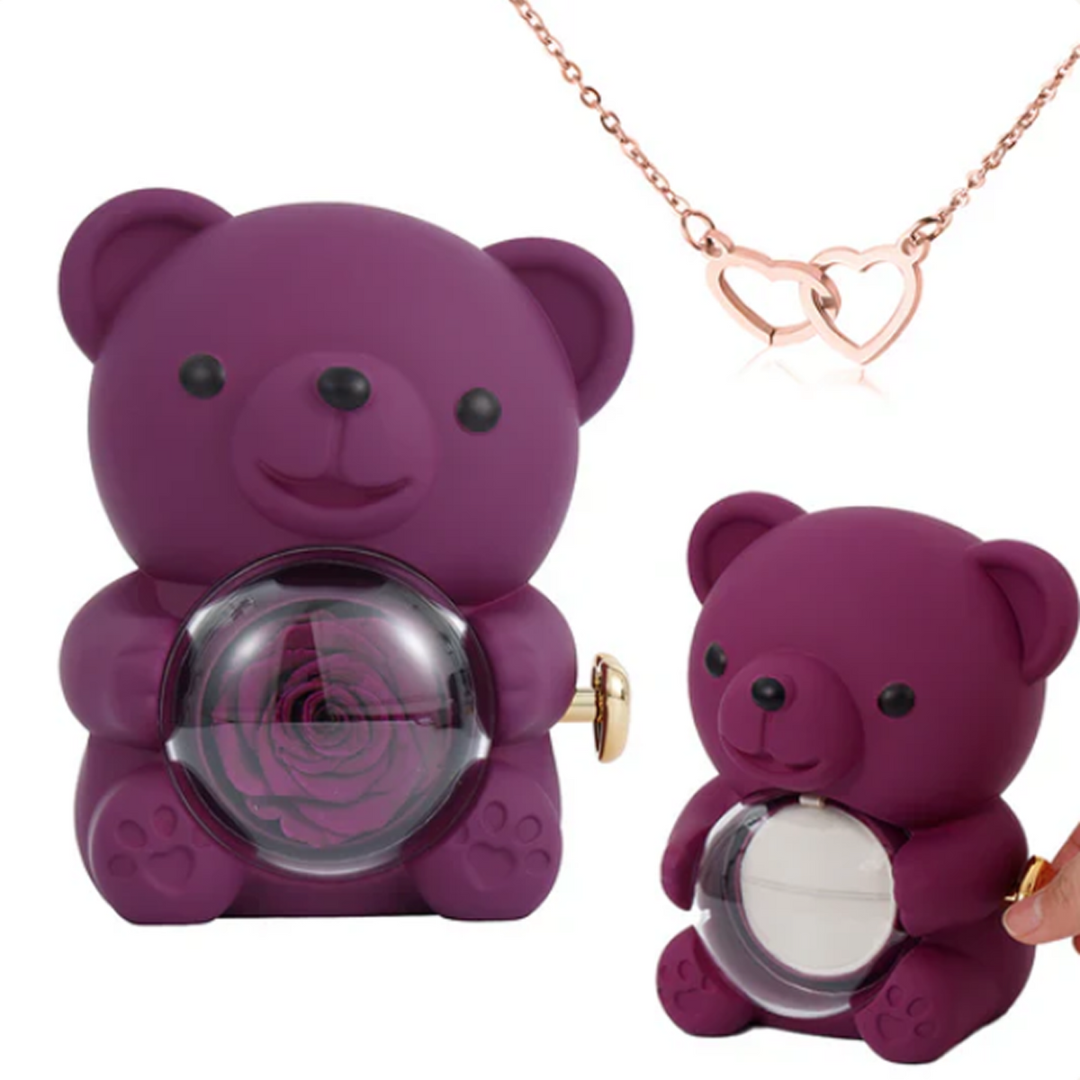 Engraved Heart Necklace in Real Rose Bear Giftbox